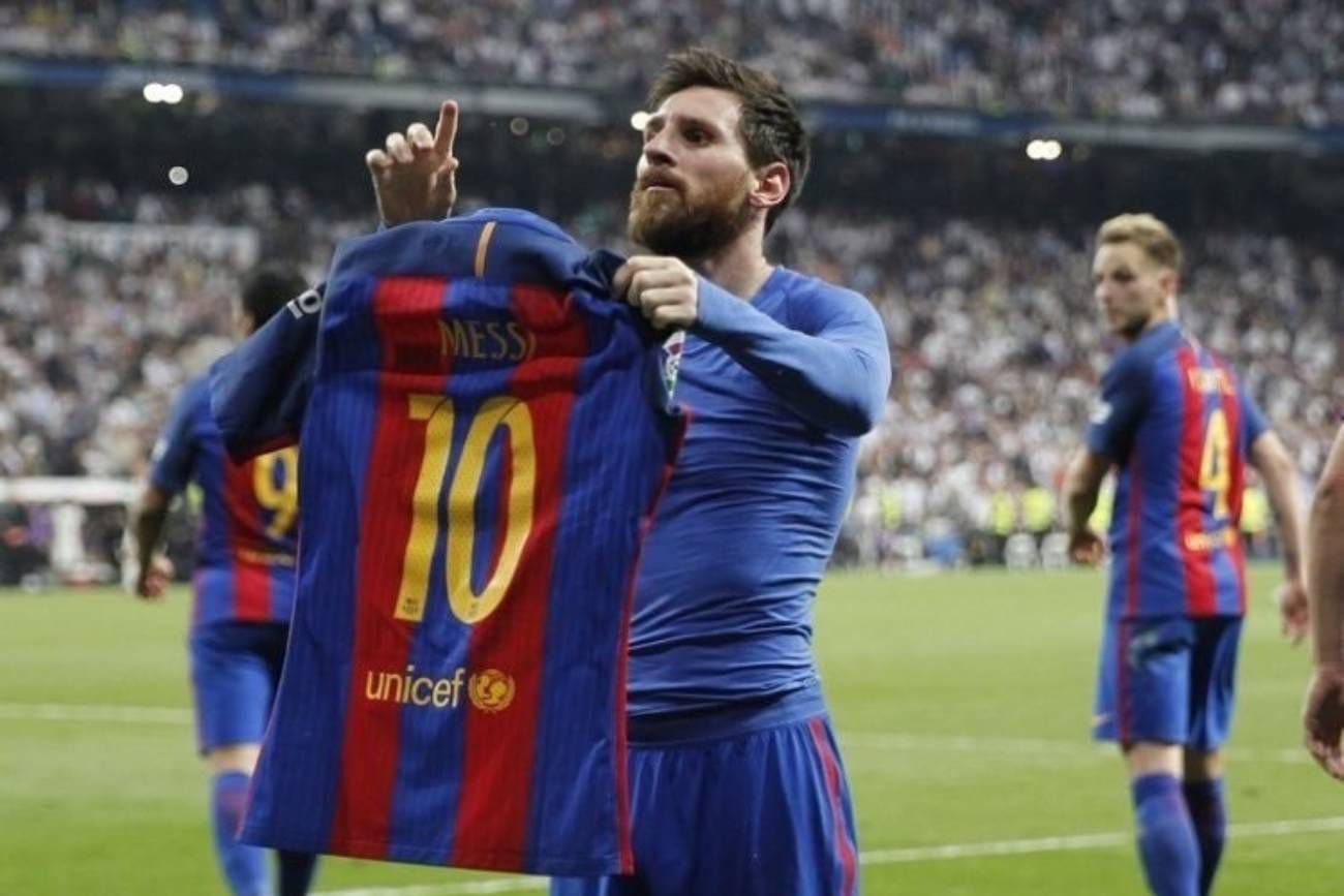 Messi y un histórico festejo ante el Real Madrid.