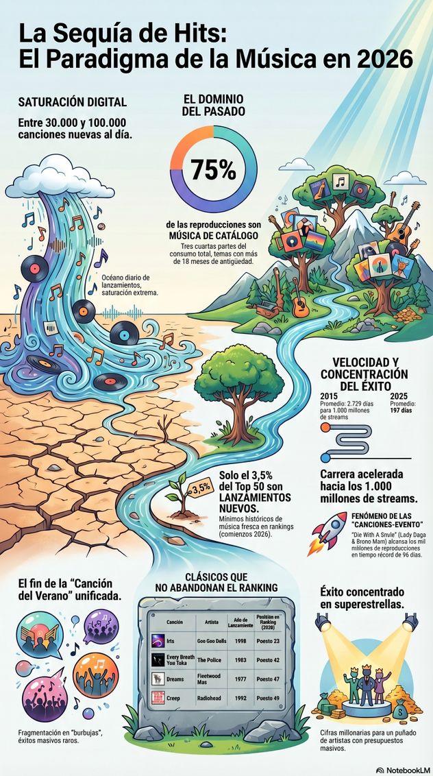 Infografía sobre el consumo de música en Spotify, generada con IA.