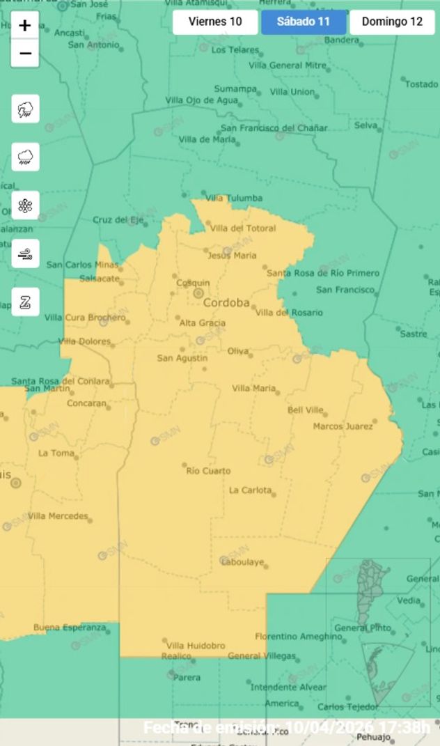 Mapa de alerta amarilla para Córdoba. 12/04/26