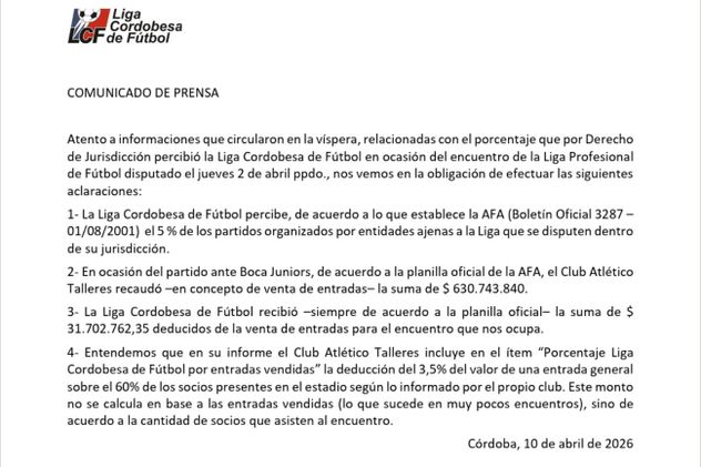 Comunicado de la Liga Cordobesa.