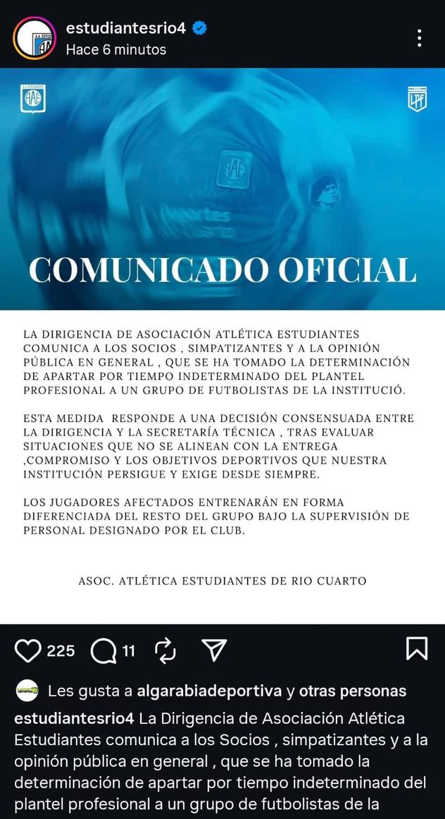 El comunicado de Estudiantes de Río Cuarto.