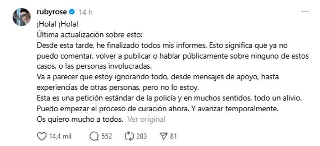 La publicación de Ruby Rose informando que hizo la denuncia formal.