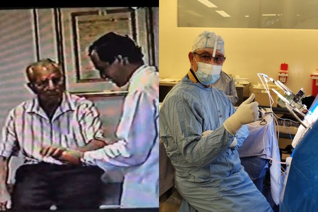 El doctor Enrique Herrera tratando un paciente en el Sanatorio Allende durante 1995 y el doctor aplicando la estimulación cerebral profunda en la actualidad.