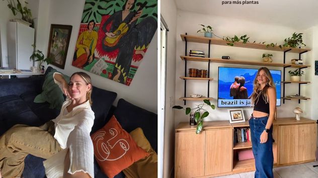 El living combina obras de arte, plantas y muebles modernos en un espacio amplio y luminoso.