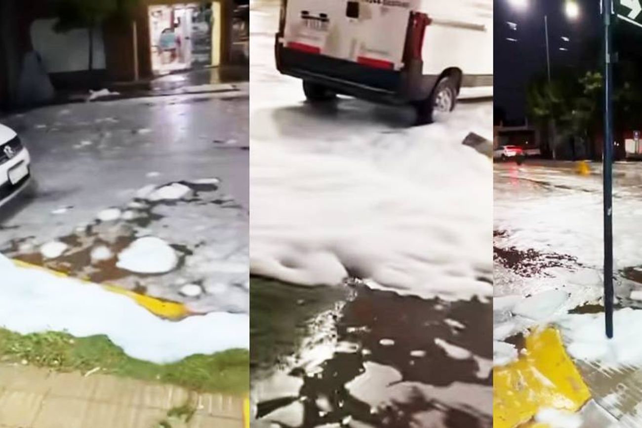 Espuma en avenida de Villa Dolores tras la lluvia.
