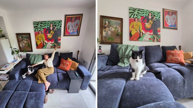 El living combina obras de arte, plantas y muebles modernos en un espacio amplio y luminoso.