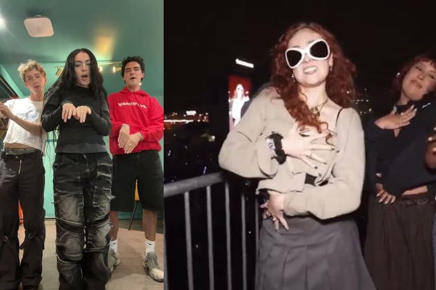 A la izquierda, Charli XCX haciendo en "apple dance" en TikTok. A la derecha, Chappell Roan haciendo el mismo baile durante la presentación de la británica en Primavera Sound.
