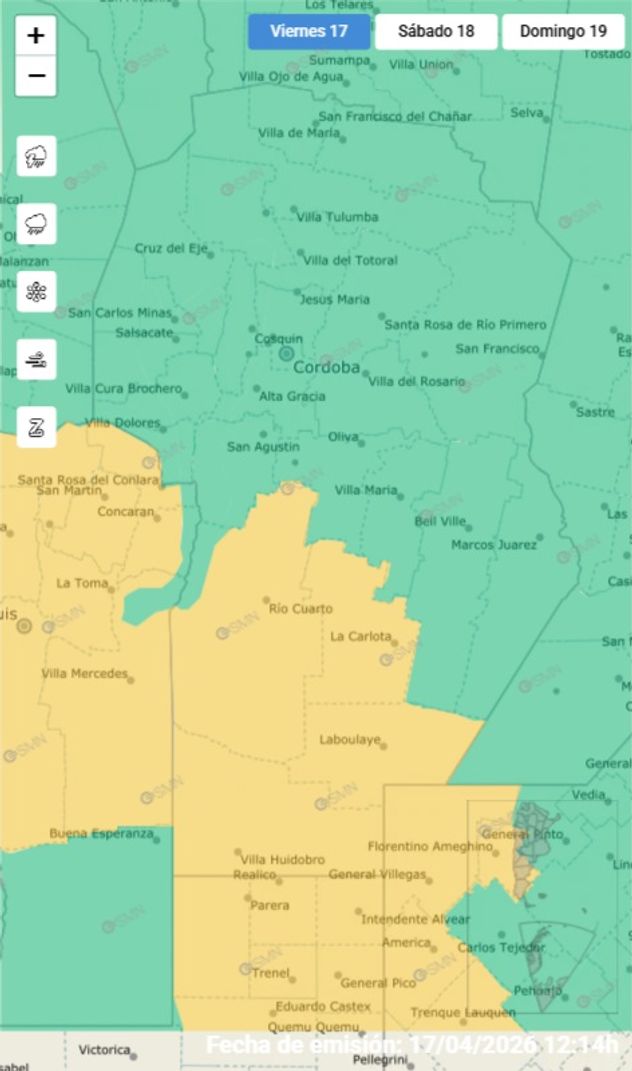 Mapa de alertas SMN Córdoba (17/04/26)