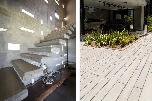 Escaleras industrializadas, núcleos húmedos (baños) premoldeados o paneles de cerramiento y decks en el borde de las piscinas optimizan la obra sin resignar la libertad del diseño arquitectónico.