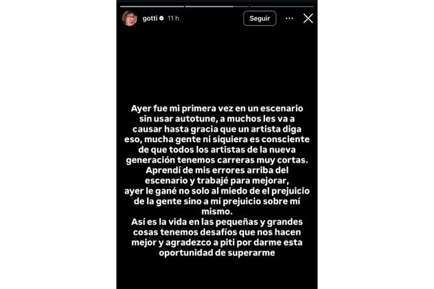 El descargo de Tiago PKZ, también conocido como Gotti, en Instagram, tras haber cantado con Las pastillas del abuelo sin usar autotune por primera vez en su vida.