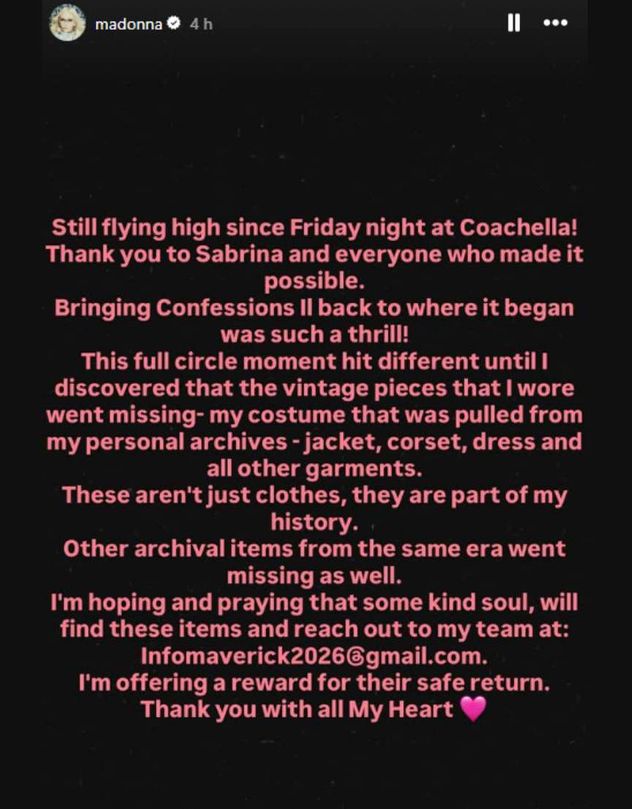 Madonna y la denuncia de la desaparición del vestuario que usó en Coachella, donde acompañó a Sabrina Carpenter. (Instagram @madonna y @sabrinacarpenter)