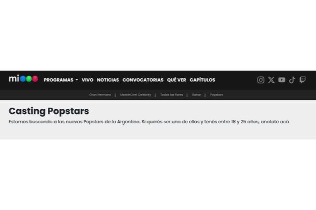 Así es la convocatoria en la web de Telefe para Popstars.