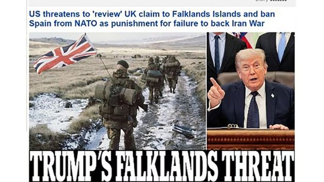 Donald Trump, en una noticia del Daily Mail, amenaza con revisar la soberanía británica sobre las Malvinas y sancionar a España por su postura ante un conflicto con Irán.