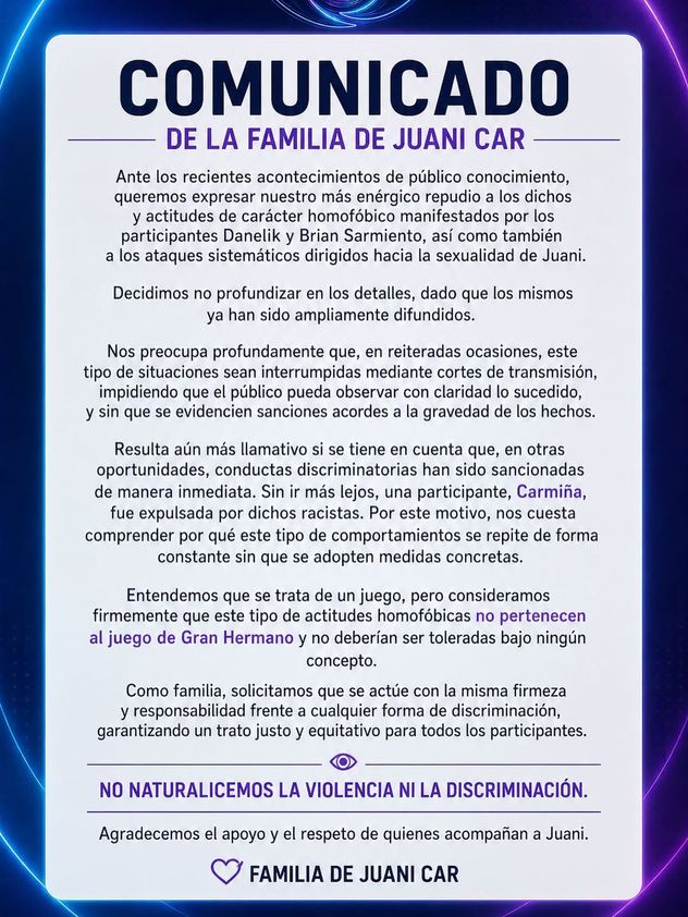 Gran Hermano: la familia de Juani Car denunció homofobia y exigió sanciones contra Danelik y Brian Sarmiento