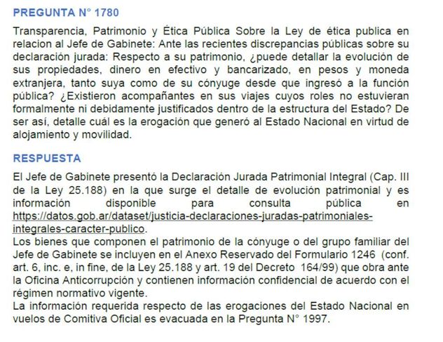 Algunas de las respuestas que dio por escrito Adorni.