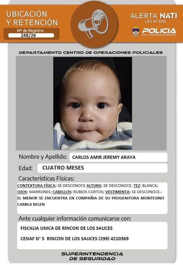 Alerta Nati. La información de Carlos Amir Jeremy Araya, el bebé de 4 meses que desapareció en Neuquén.
