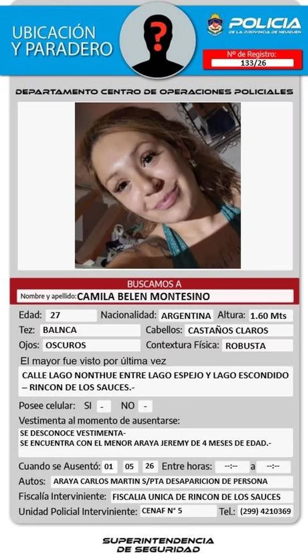 Alerta Nati. La información de Camila Belén Montesino, la madre que desapareció con su bebé de 4 meses en Neuquén.