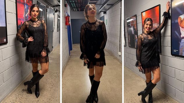El vestido de encaje negro con transparencias fue el protagonista del look elegido por Eugenia Quevedo para su presentación.