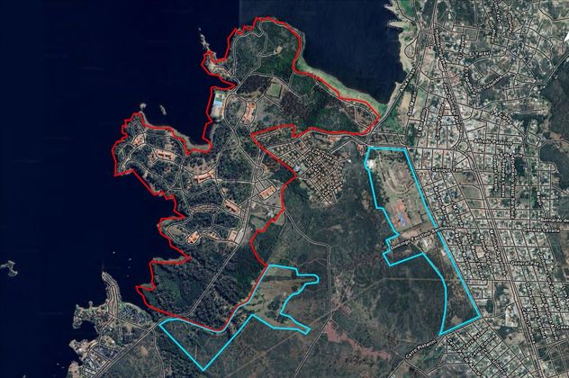 Los tres lotes estatales de Embalse que el Gobierno pone en venta o concesión. El marcado con rojo involucra a todos los hoteles y otras instslaciones afines. 