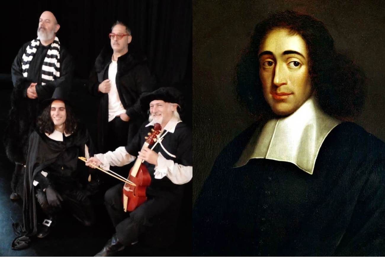 El elenco de "SPINOZA, la herejía sin fin" y un retrato del filósofo neerlandés. (Prensa Teatro Real)