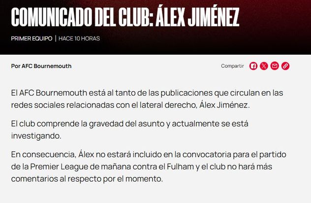 El comunicado por la situación del jugador Alex Jiménez.