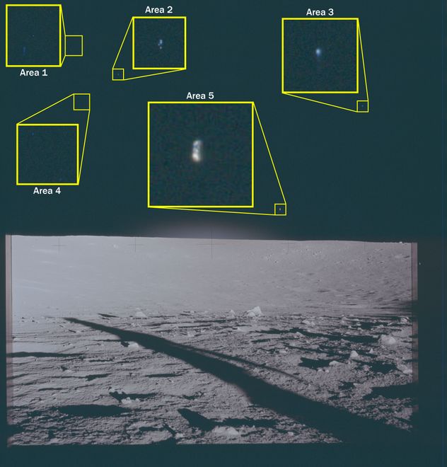 Esta fotografía de archivo muestra la superficie lunar vista desde el lugar de alunizaje del Apolo 12. Esta imagen muestra cinco áreas de interés resaltadas, denominadas "Área 1" hasta "Área 5", sobre el horizonte, en las que son visibles fenómenos no identificados.
