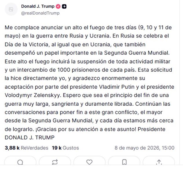 Trump anunció un alto el fuego de tres días entre Rusia y Ucrania