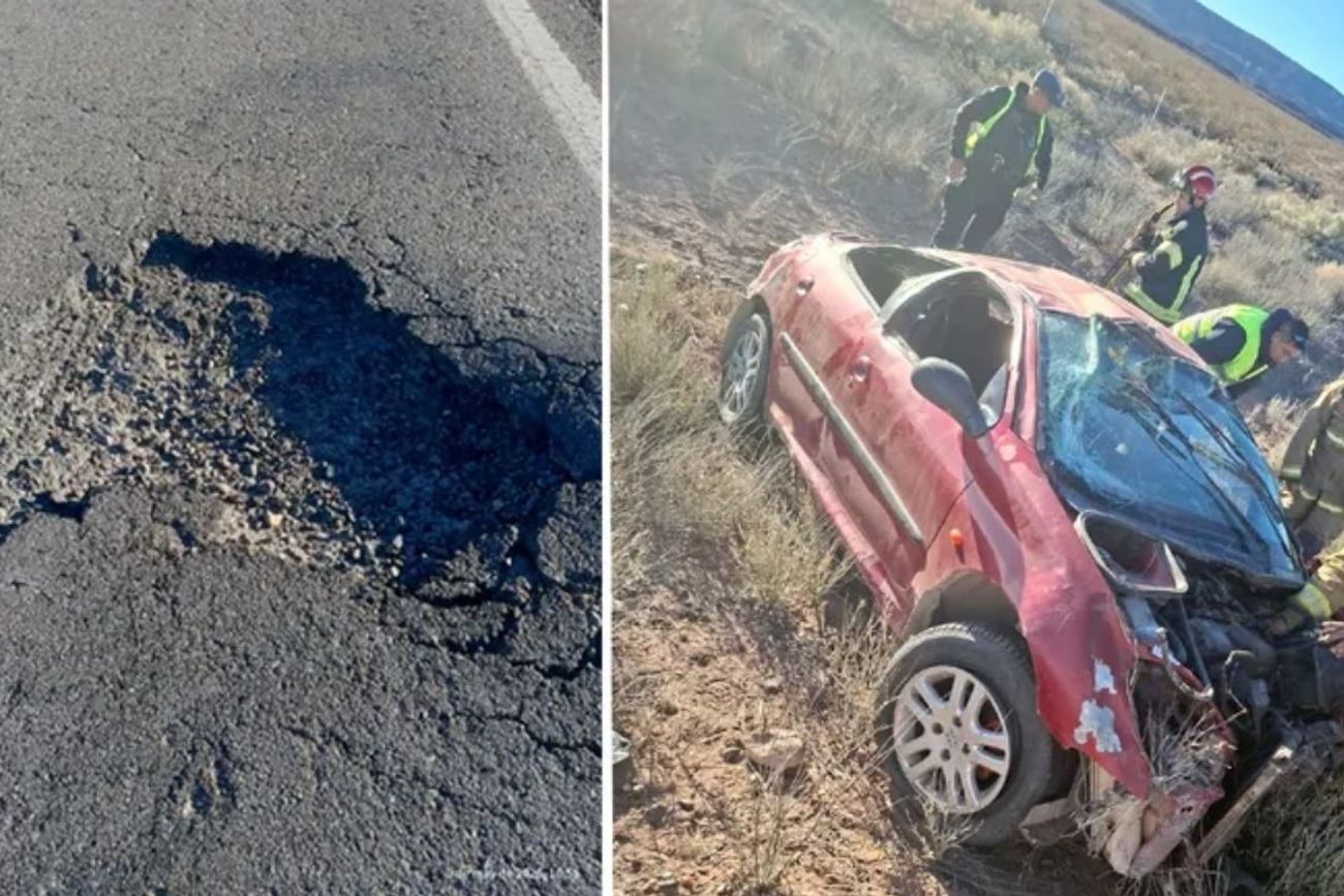 Impresionante vuelco sobre la ruta 237 en cercanías de Picún Leufú: no pudo esquivar un enorme bache y terminó en la banquina
