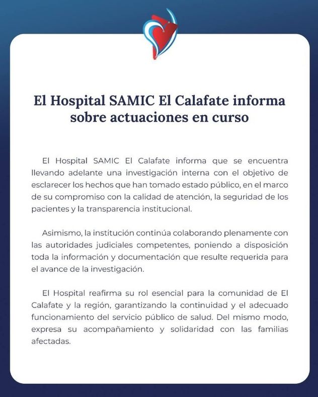 Comunicado del Hospital El Calafate, investigado por presunta negligencia médica