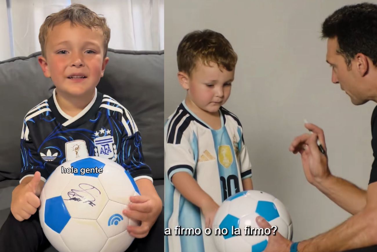 Tiene cuatro años, se viralizó por hacer videos de fútbol y cumplió su sueño de conocer a Scaloni: “Una locura”
