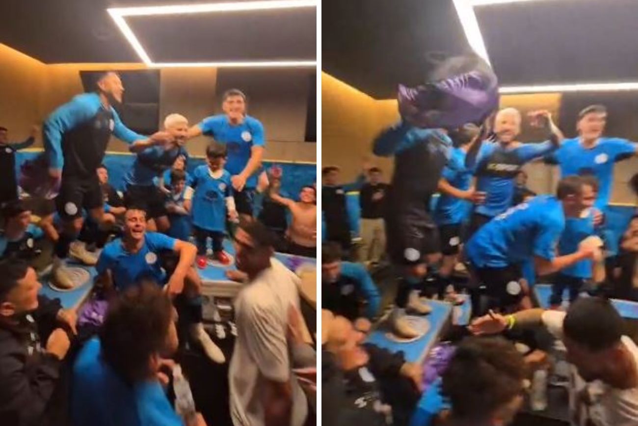 Festejos de Belgrano en el vestuario tras ganarle a Unión.