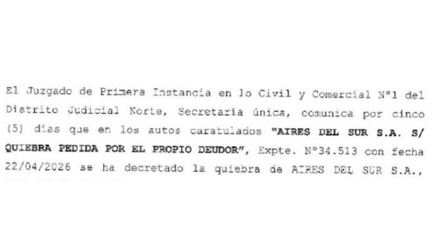 Declararon la quiebra de Aires del Sur tras su colapso financiero