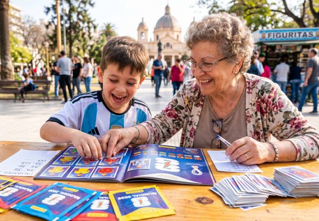 Abuelos con sus nietos jugando a las figuritas. Imagen ilustrativa.