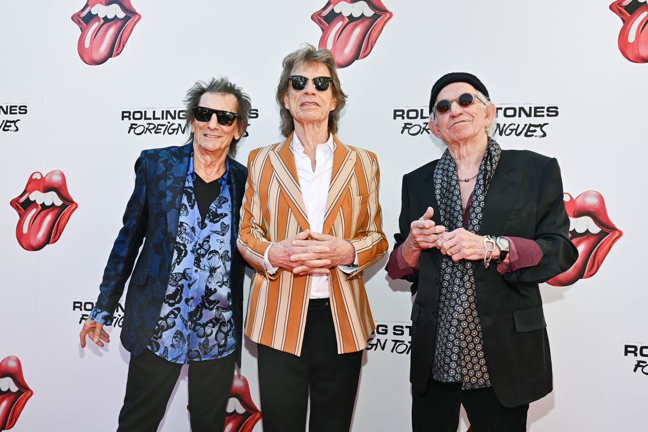 Ronnie Wood, Mick Jagger y Keith Richards presentando "Foreign Tongues" el 5 de mayo en un evento especial de New York