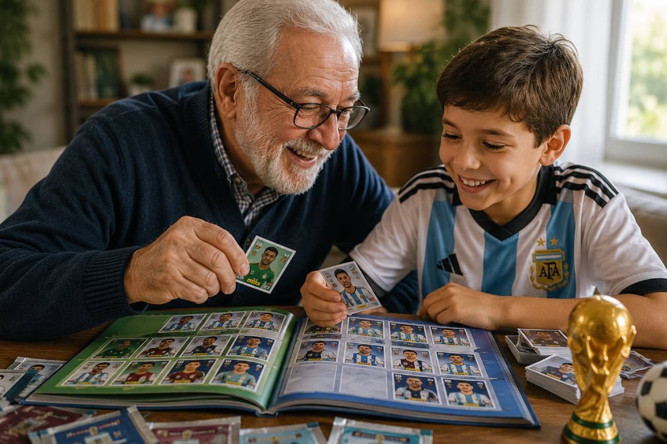 Abuelos con sus nietos jugando a las figuritas. Imagen ilustrativa.