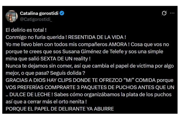 El cruce entre Catalina Gorostidi y Furia por su paso por Gran Hermano.