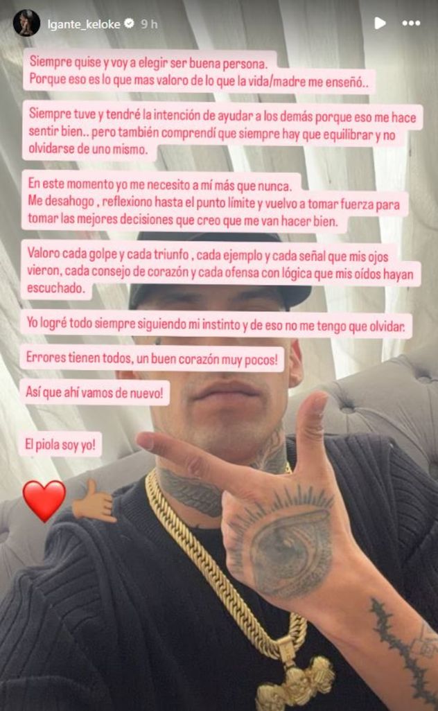 El mensaje que publicó L-Gante en su cuenta de Instagram.
