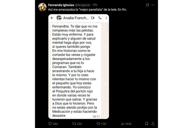 El tuit de Fernanda Iglesias contra Analía Franchín.