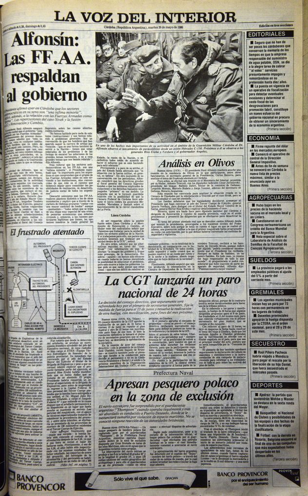 Tapa de La Voz del Interior sobre el fallido atentado a Alfonsín en Córdoba, en mayo de 1986.