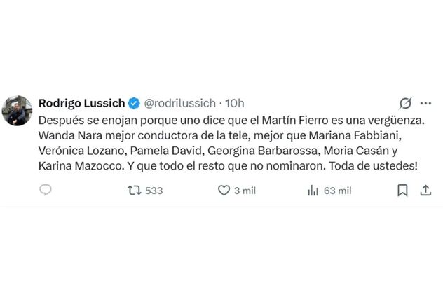 El fuerte mensaje de Rodrigo Lussich a Aptra tras el triunfo de Wanda Nara en los Martín Fierro 2026.