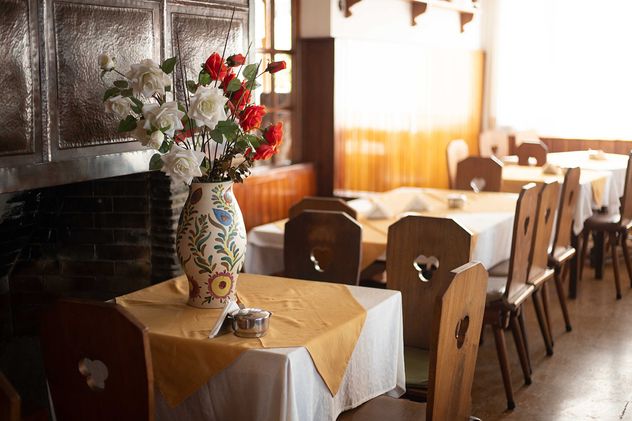 Hotel La Cumbrecita. El comedor, donde cada cada día desayunaba y almorzaba Madame Carrel, viuda de Alexis Carrel.