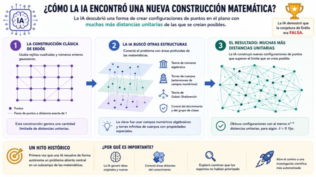 El modelo de IA logró construir configuraciones de puntos que generan muchas más distancias unitarias de las que la conjetura permitía.