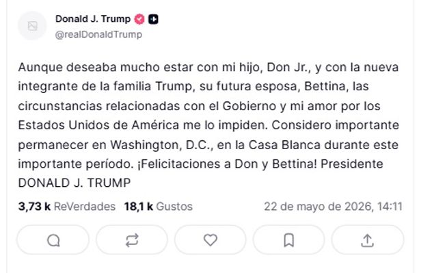 Comunicado de Donald Trump en el que confirma que no asistirá al casamiento de su hijo mayor