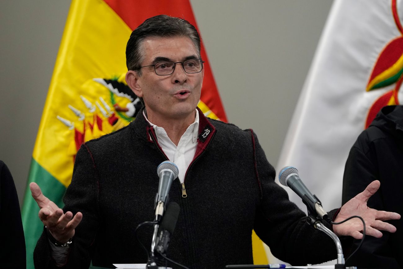 El presidente boliviano Rodrigo Paz ofrece una conferencia de prensa en el palacio de gobierno en La Paz, Bolivia, el 20 de mayo de 2026. (Juan Karita)
