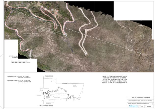 El trazado de la aerosilla en el cerro El Cuadrado.  (Proyecto)