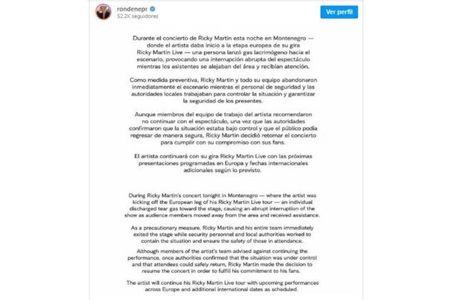 El comunicado tras el problema en el show de Ricky Martin.