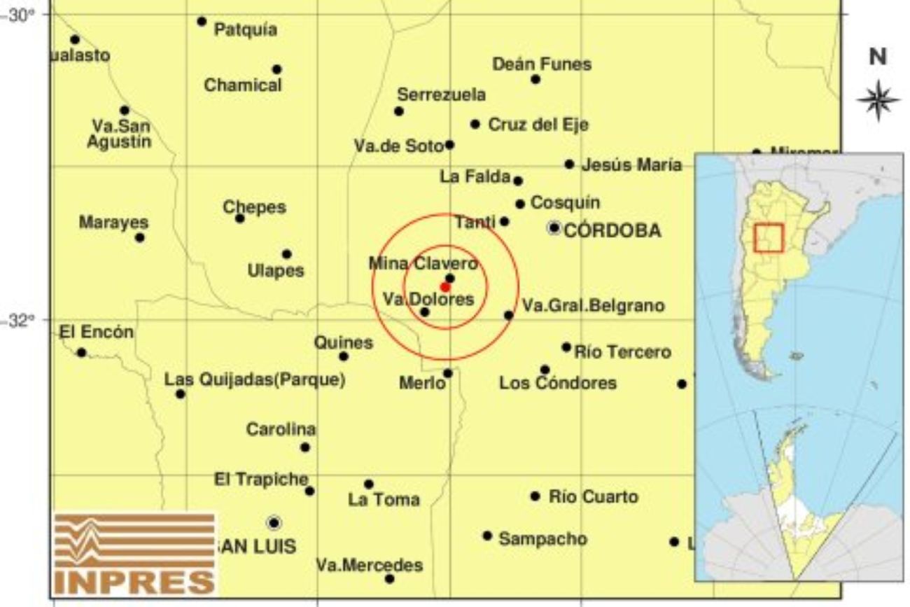 Temblor en Córdoba: se registró un sismo de magnitud 2,9 cerca de Mina Clavero. (Inpres)