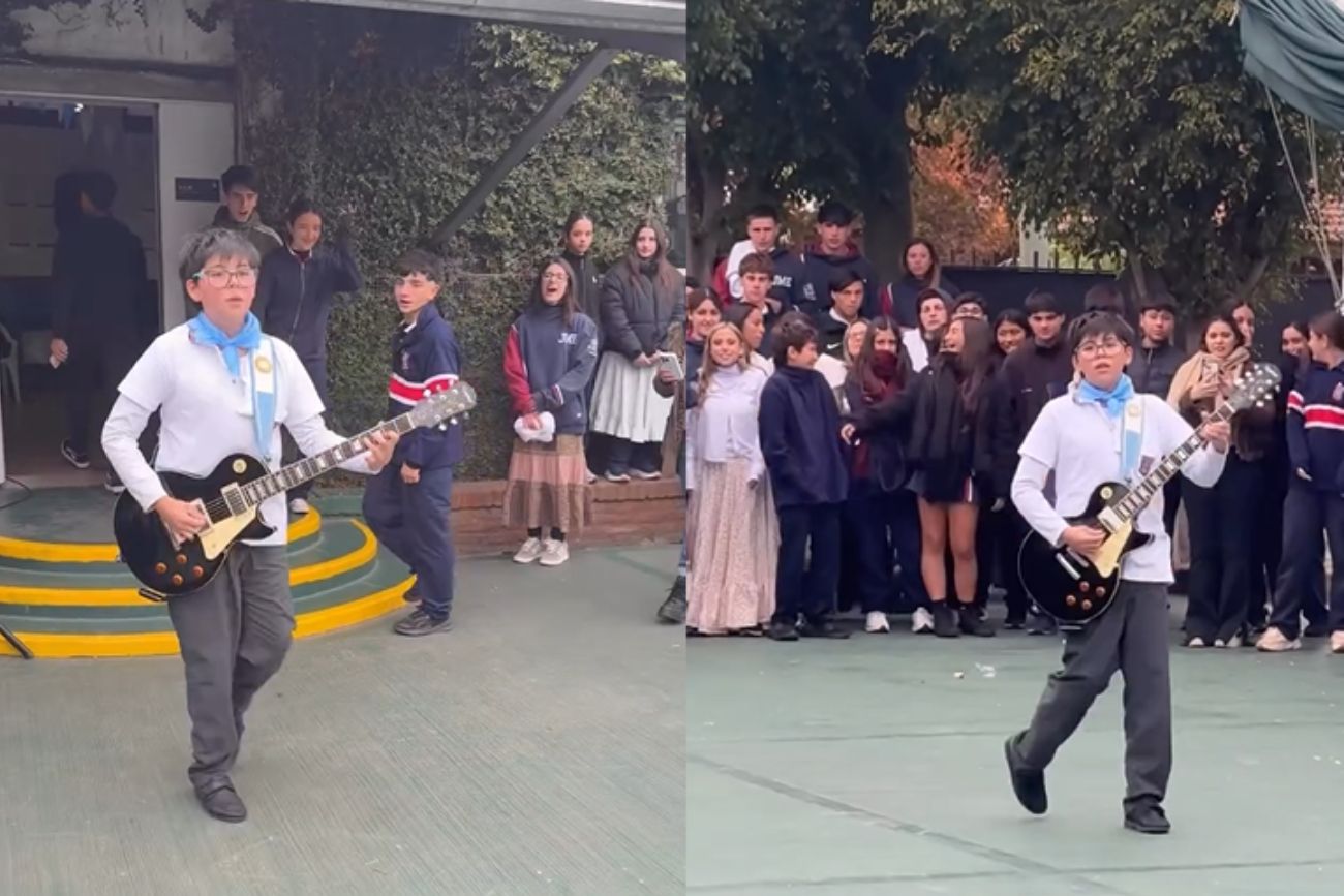 Un estudiante interpretó el Himno Nacional con la guitarra eléctrica.