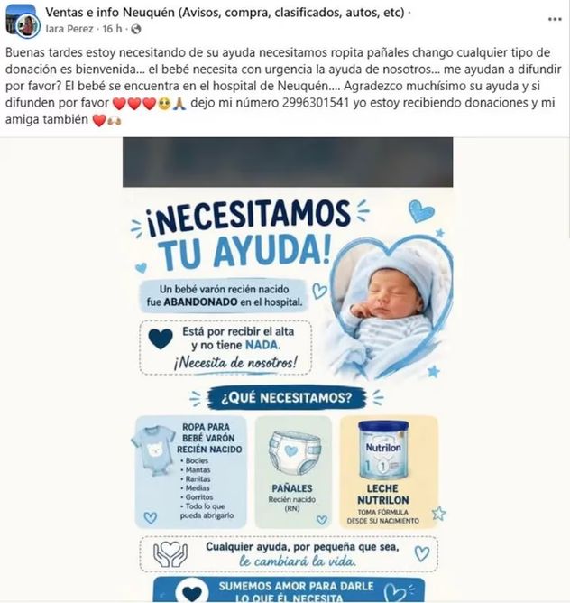 Una allegada de la familia inició una colecta de elementos de primera necesidad para el nene. 