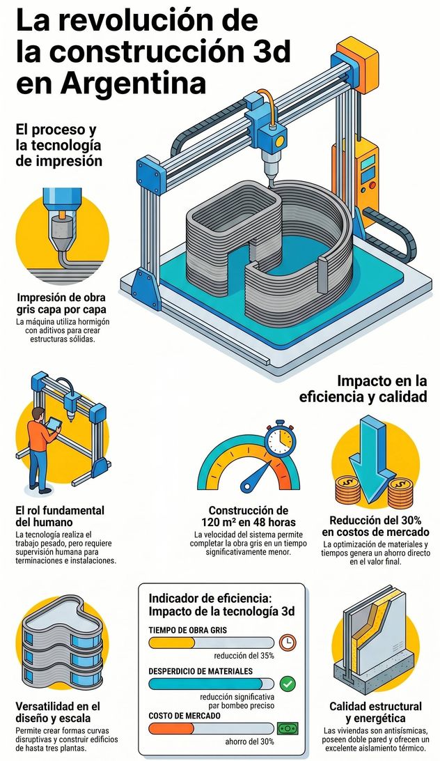 La tecnología de una impresora 3D permite acortar los tiempos, costos y residuos que se generan en una obra.
